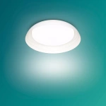 Witte ronde plafondlamp met diffuus licht tegen groene muur