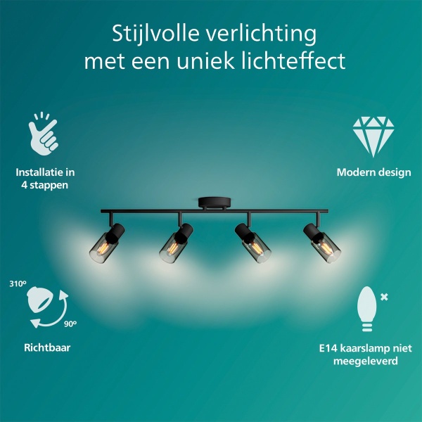 Zwarte plafondspot met vier richtbare lampen en gerookt glazen kappen