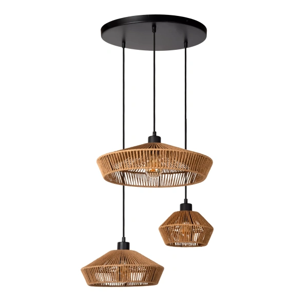 Hanglamp met drie rotan kappen in naturel kleur