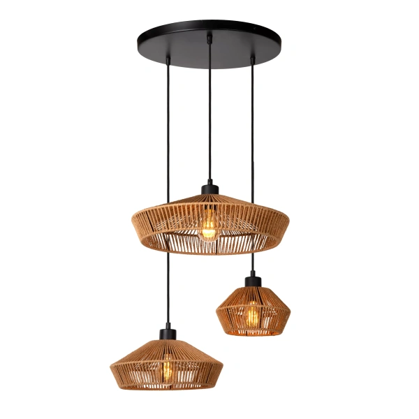 Hanglamp met drie rotan kappen in naturel kleur