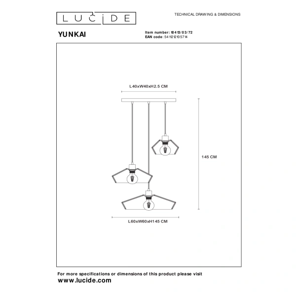Technische tekening hanglamp drie lichts rotan naturel met afmetingen