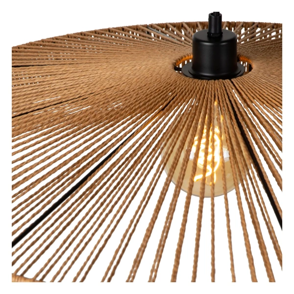 Hanglamp van naturel rotan met zichtbare gloeilamp en zwarte fitting
