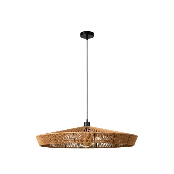 Hanglamp van rotan naturel met zwart snoer en ronde plafondkap