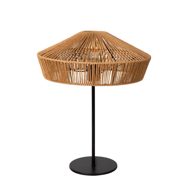 Tafellamp met rotan kap en zwarte metalen voet
