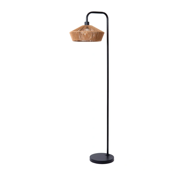 Vloerlamp met zwart metalen voet en rotan kap in naturel uitvoering