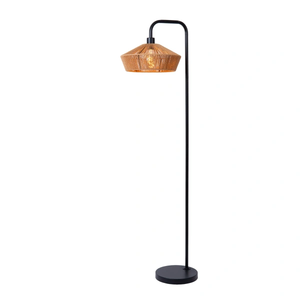 Vloerlamp met zwart metalen voet en rotan kap in naturel kleur
