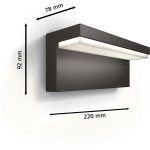 Philips antraciet wandlamp met warmwit LED verlichting en afmetingen getoond