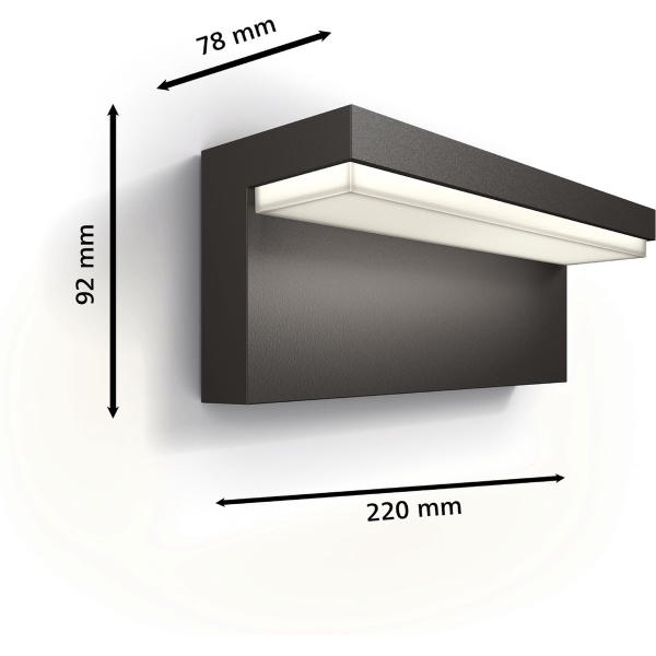 Philips antraciet wandlamp met warmwit LED verlichting en afmetingen getoond