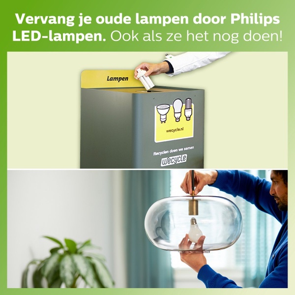 Man vervangt lamp in glazen hanglamp en recyclet oude lamp in container