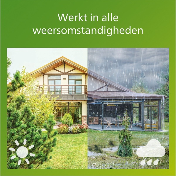 Moderne woning met tuin getoond in zon en regenweer omstandigheden