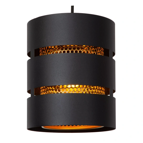 Hanglamp zwart met cilindervormige kap en honingraat goudkleurig binnenwerk