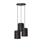 Zwarte hanglamp met drie cilindervormige kappen en honingraatdetail.