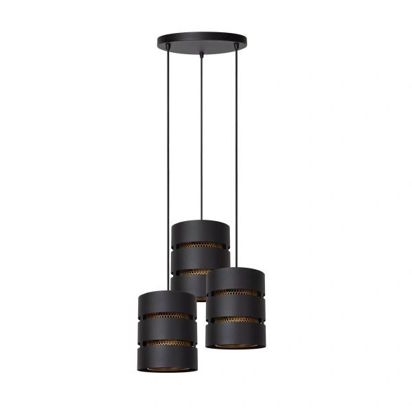 Zwarte hanglamp met drie cilindervormige kappen en honingraatdetail.