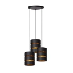 Zwarte hanglamp met drie cilindervormige kappen en goudkleurig binnenwerk