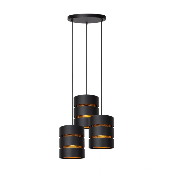 Zwarte hanglamp met drie cilindervormige kappen en goudkleurig binnenwerk