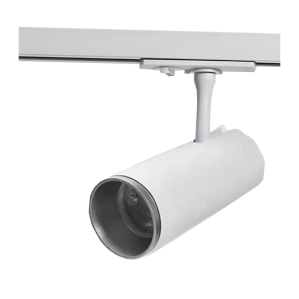 Witte railspot met cilindervormige behuizing en zilveren ringafwerking