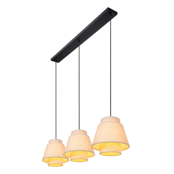 Hanglamp met drie beige stoffen kappen aan zwarte plafondbalk
