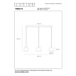 Technische tekening van beige hanglamp drie lichts met afmetingen aangegeven
