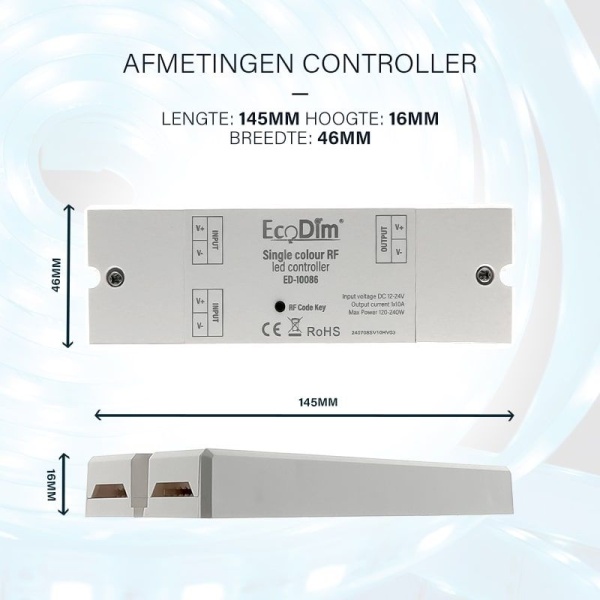EcoDim enkelkleur LED controller maatvoering 145x46x16 millimeter