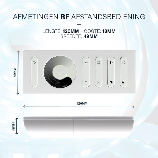 Maat tekening RF LED strip afstandsbediening wit 120x49x18 mm