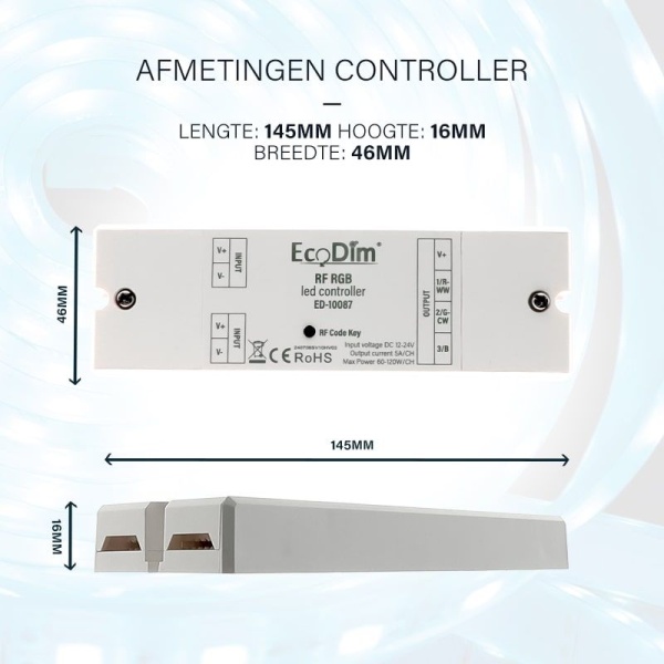 50-100003_afmetingen_controller (1) LED strip controller EcoDim met afmetingen 145x46x16 millimeter techn tekening