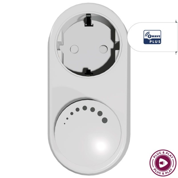 ecodim06-zwave-inzet-voorzijde Witte Z-Wave stekkerdimmer met draaiknop en stopcontact aansluiting