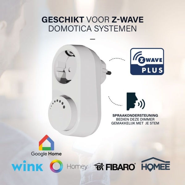 ecodim06-zwave-protocollen Witte Z-Wave stekkerdimmer met ronde draaiknop en geรฏntegreerd stopcontact