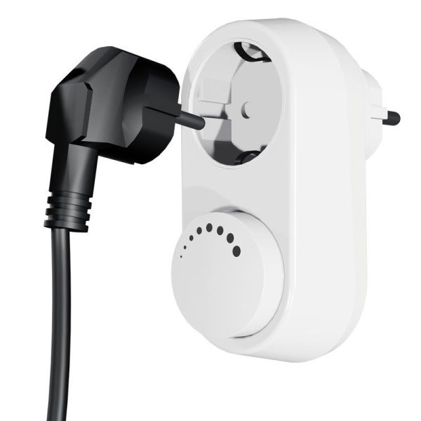 ecodim06-zwave-stekker Witte Z-Wave stekkerdimmer met draaiknop en ingeplugde zwarte stekker