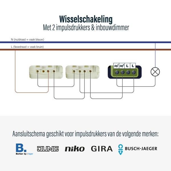 ecodim07-z-wave-installatie Bedradingsschema wisselschakeling met twee impulsdrukkers en inbouwdimmer