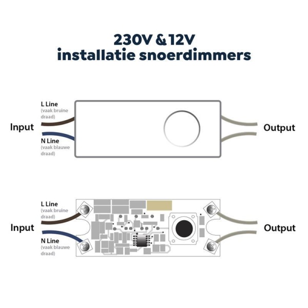 ecodim08-wit-_nstallatie Snoerdimmer installatie maat tekening met ingang en uitgang bedrading