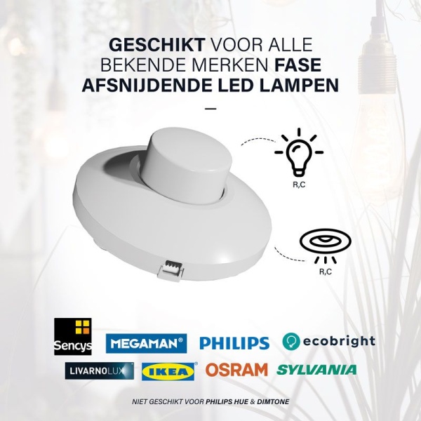 ecodim09-wit-geschikte-lampen Witte vloerdimmer voor LED lampen met draaiknop en schakelaar