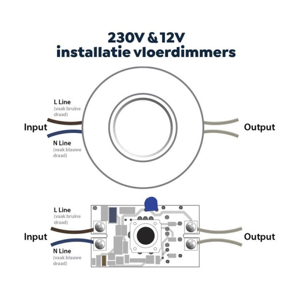 ecodim09-wit-installatie2 Installatieschema vloerdimmer wit met aansluitingen voor input en output