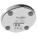 Witte vloerdimmer EcoDim 09 met ronde onderkant en specificaties zichtbaar