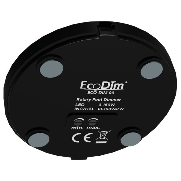 ecodim09-zwart-onderkant Zwarte vloerdimmer EcoDim 09 onderzijde met specificaties en aansluitpunten