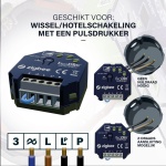 Zigbee LED dimmer module zwart met aansluitingen en bedrading schema