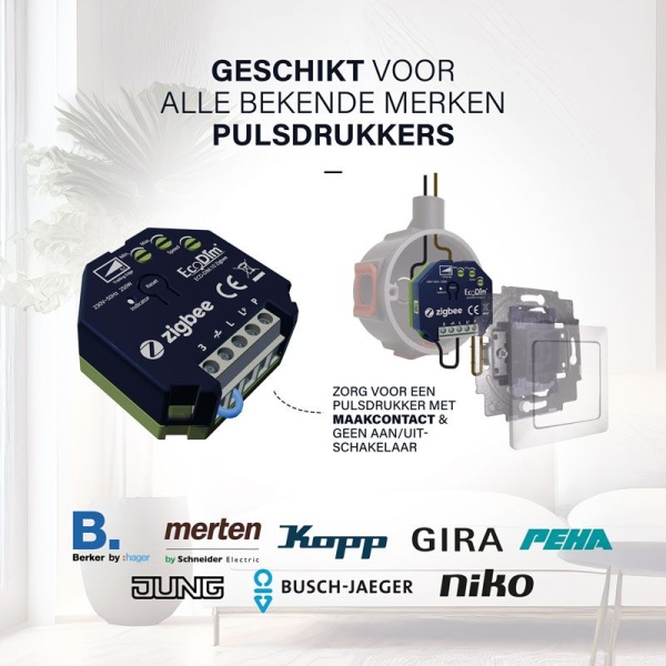 ecodim10-zigbee-pulsdrukker Zigbee LED dimmer module 250W EcoDim inbouw zwart met aansluitingen
