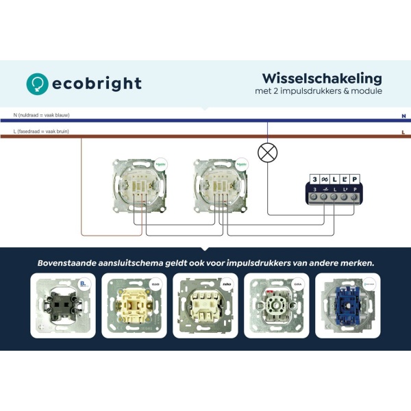 ecodim10-zigbee-wisselschakeling Aansluitschema wisselschakeling met twee impulsdrukkers en Zigbee dimmer module