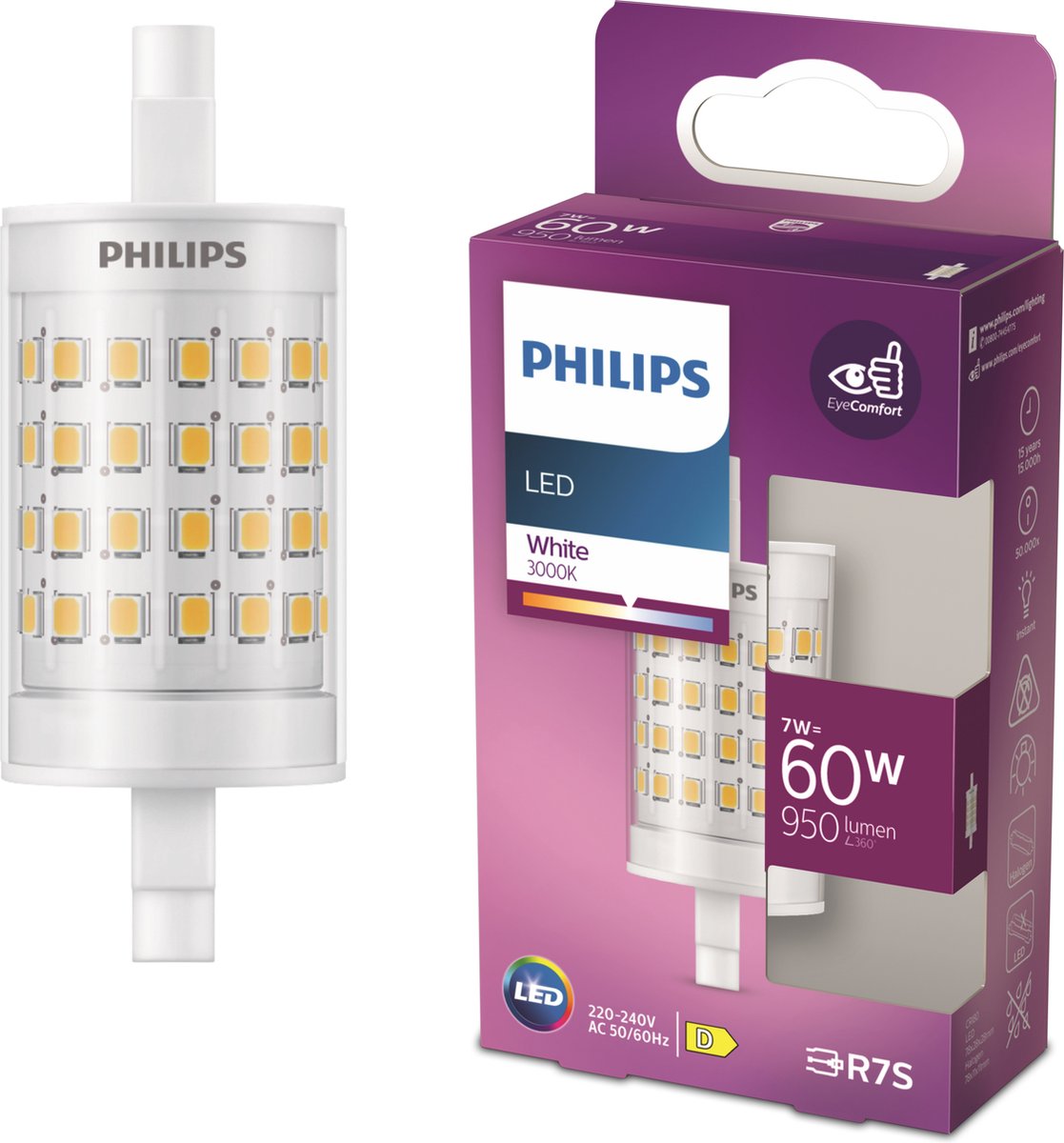 1117x1200 Philips R7S LED staaflamp 7W warmwit 78mm met verpakking
