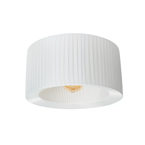 Ronde plafondlamp wit met plissé stoffen kap en zichtbare fitting.