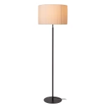 Vloerlamp met zwarte voet en ronde witte geplooide lampenkap