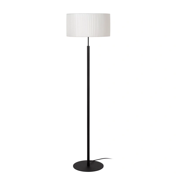 Vloerlamp met zwarte voet en ronde witte geplooide kap
