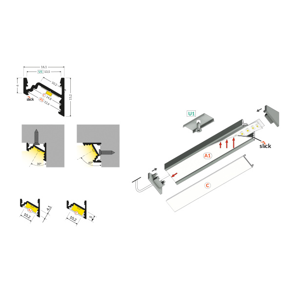 LED profiel hoek aluminium maat tekening met montage onderdelen