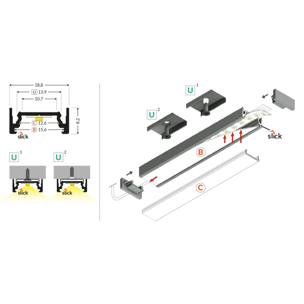 LED profiel set opbouw aluminium 2 meter maat tekening