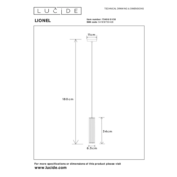 Technische tekening hanglamp Lionel zwart met afmetingen in centimeters