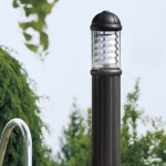 Zwarte ronde tuinsokkel met transparante kap naast groene struiken