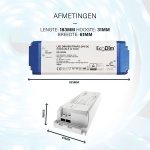 LED transformator 24V DC dimbaar 0-50W met afmetingen aangegeven
