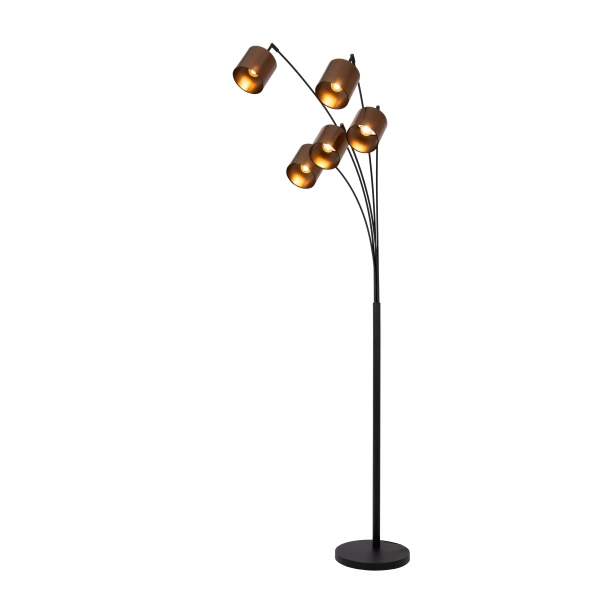 Moderne vloerlamp met vijf roestbruine metalen kapjes en zwarte voet