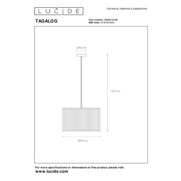 Hanglamp Scandinavisch zwart Tagalog maat tekening met afmetingen 160x40 cm