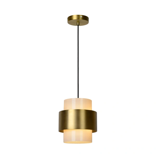 Hanglamp éénlichts goud messing met cilindrische kap en zwarte kabel