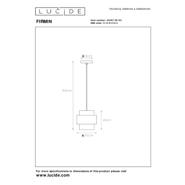 Technische tekening hanglamp Firmin met afmetingen 150 bij 20 centimeter